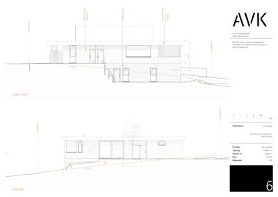 Fasadetegning som viser bygningens utseende fra nordvest og sørøst, inkludert vinduer, dører og takform.