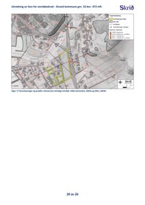 Kart over et kartlagt område med markerte kartleggingsområder, grunnboringer og profiler. Kartet viser eiendomsnummer, høydemål og geologiske data.