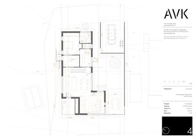 Etasjeplan (1. etasje) med romfordeling, dimensjoner og bilplassering.