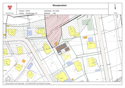 Situasjonskart som viser eiendomsnummer, adresse, nabolag og bygningsplassering.