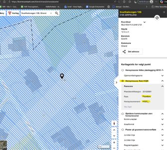 Kartutsnitt fra kommunekart.no som viser eiendomsgrenser, arealformål (f.eks. hensynssone for flomfare) og geografisk plassering.