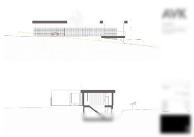 Snittegning som viser bygningens tverrsnitt, høydeforskjeller og innvendig oppbygging.