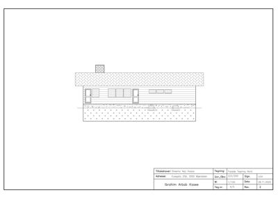 Fasadetegning (opprikk) av en bygning sett fra nord, med tegningstittel 'Fasade Tegning Nord' i feltet.