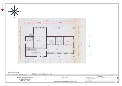 Eksisterende plan (1. etasje) med romfordeling, mål og orientering.