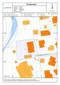 Situasjonskart som viser eiendomsforhold, bygninger, vegnett og topografi for eiendommen Evjegata 25A i Drammen.