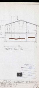 Snittegning (SNITT M) av en bolig med mål og detaljer for tak og vegger.