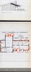 Etasjeplan med romfordeling, vinduoppsett og tekstnotater om vinduene.