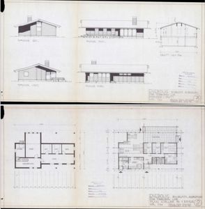 Bildet viser en tegningsside med fasadetegninger (øst, syd, vest, nord) og snitt (M=300) øverst, samt etasjeplaner (keller og 1. etasje) nederst.