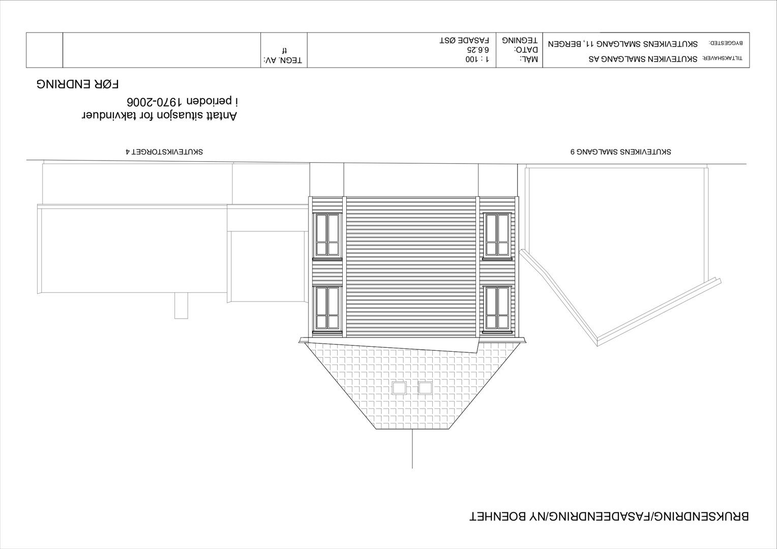 Bruksendringfasadeendring av boenhet. Tegningen viser fasaden på en bygning med vinduer og takform.