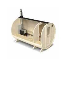 3D-visualisering av en rund, trekonstruert sauna med snitt for å vise innvendig oppsett, ovn og benker.