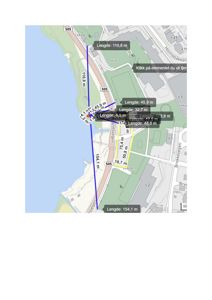 Kartutsnitt som viser eiendomsgrenser, vegnummer (505) og avstandsmålinger (Lengde) på en tomt ved kysten.