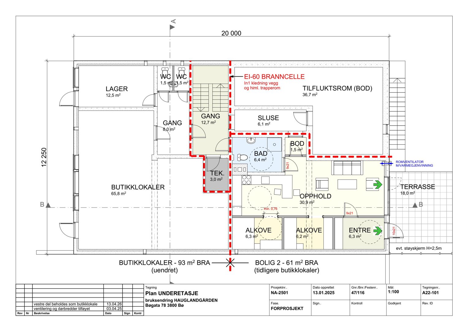 Etasjeplan for første etasje (Tegning: Plan UNDERETASJE) som viser romfordeling, arealer og funksjoner i en bygning.
