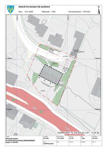 Situasjonsplan som viser tomtens plassering i forhold til nabolag, vegnett og eksisterende bygninger.