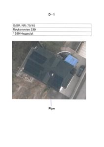 Luftfoto av en bygning med en håndtegnet markering som peker på en røykpipe.