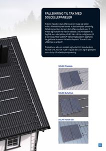 Fotografi av et tak med solcellepaneler og en tekstboks om fallsikring.