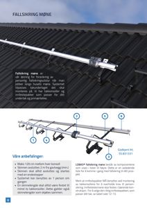 Teknisk illustrasjon og detaljtegning av et fallsikringssystem for møne, med komponentbeskrivelse og monteringsanvisninger.