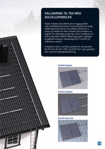 Fotografi av et tak med solcellepaneler og en tekstboks om fallsikring.