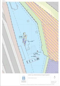 Situasjonsplan som viser plassering av ladere og reklamemast på reguleringskartet.