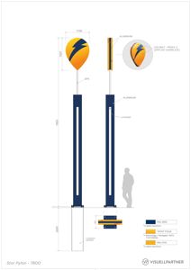 Teknisk tegning som viser detaljert oppriss og mål for en lyspyle (Stor Pylon - 7800), inkludert materialer og farger.