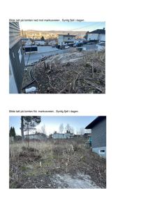 Fotografier av en tomte med tilstøtende bebyggelse og fjell i bakgrunnen.