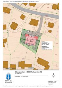 Situasjonskart som viser tomt, naboeiendommer og bygningers plassering i forhold til hverandre og veier.