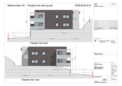 Fasadetegning som viser bygningens utseende sett fra vest og øst, inkludert høyder og grunnplan.