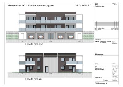 Fasadetegning som viser bygningens utseende sett fra nord og sør.