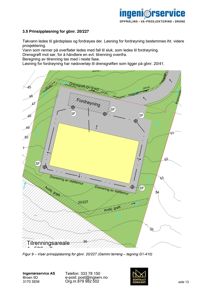 Prinsippløsning for fordrøyning og tilrenning på tomt, med høydekurver og bygningsfot.