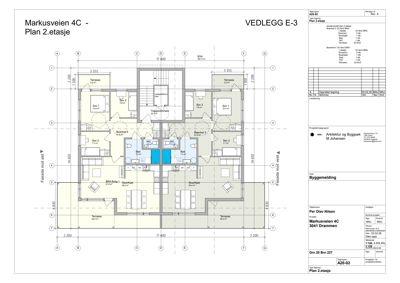 Etasjeplan for 2. etasje av en bolig på Markusveien 4C, som viser romfordeling, størrelser og fasaderetninger.