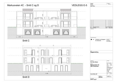 Snittegning (Snitt C og D) av en bygning på Markusveien 4C, som viser innvendig oppbygning, høyder og romfordeling.