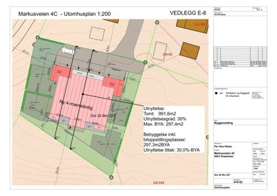 Situasjonsplan (utomhusplan) som viser tomt, bebyggelse og utnyttelsesgrad for et prosjekt på Markusveien 4C.