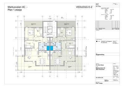 Etasjeplan (1. etasje) for en bolig på Markusveien 4C, som viser romfordeling, størrelser og veggposisjon.