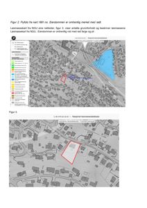 Løsmassekart (topografisk kart) som viser terrengforhold og bygningsplassering på en tomt.