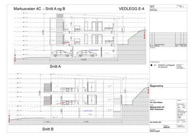 Bildet viser to snittegninger (Snitt A og Snitt B) av en bygning ved Markusveien 4C, som illustrerer tverrsnittet gjennom bygningen med høyder og grunnplan.