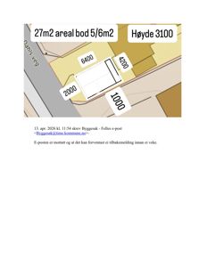 Situasjonsplan som viser plassering av en bod på tomten med angitte mål (bredde, lengde, høyde) og forhold til nabogrenser og vei.