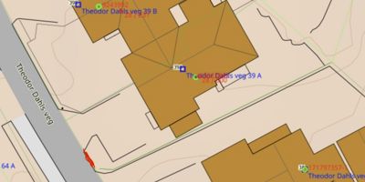 Situasjonsplan som viser tomtene og bygningene på Theodor Dahls veg 39 A og 39 B, inkludert vegforhold og nabotomter.