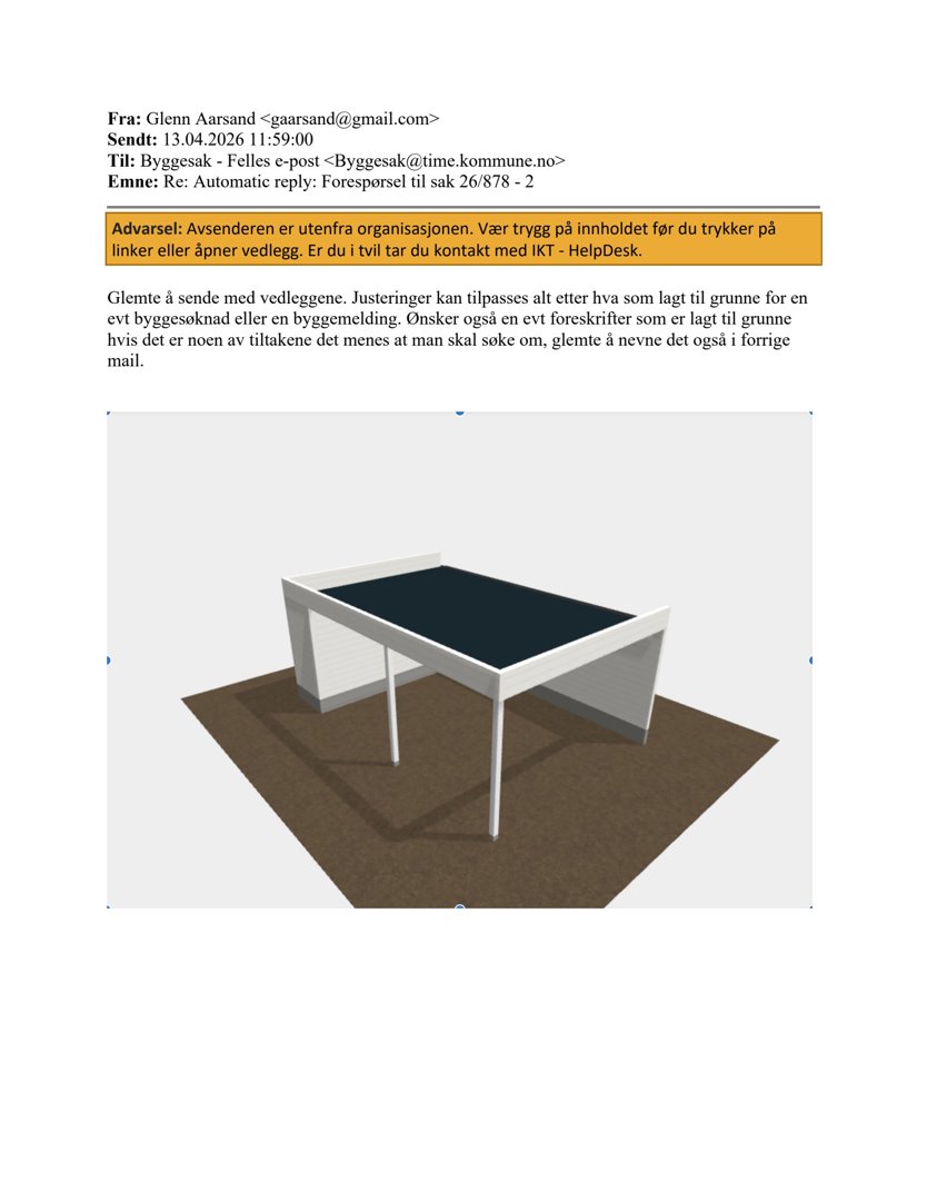 3D-visualisering av en enkel bygning eller struktur sett fra en vinkel.
