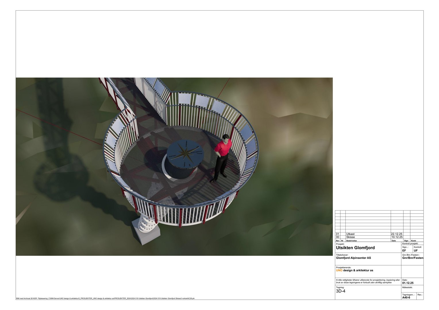 3D-visualisering av utsikten fra Glomfjord Alpinenter AS, som viser en person på en utsiktsplass.