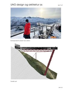 Bildet viser en fotorealistisk illustrasjon (rendering) av en utsiktsplass med en person i forgrunnen, samt en fasadetegning under. Det er en blanding av foto og tegning.