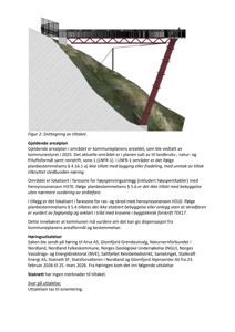 Snittegning som viser et tiltak (en struktur) i et landskap med skråning, inkludert tekstbeskrivelse av gjeldende arealplan og høringssaker.