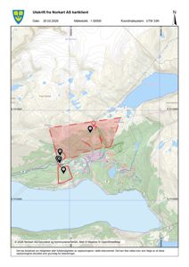 Kartutsnitt (Norgart) som viser topografi, vannmasser og en markert tomt med flere pinner.