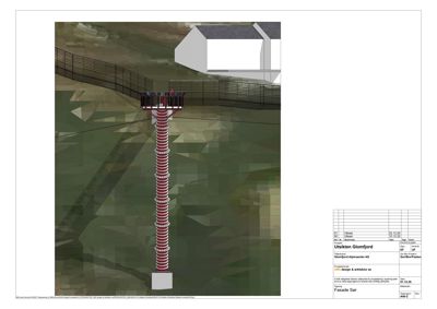 Fasadetegning som viser et oppriss av en bygning sett fra siden, med en markant rød og hvit struktur.