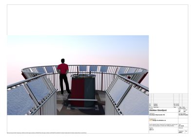3D-visualisering av utsiktsplassen på toppen av en bygning, med en person for å vise skala.