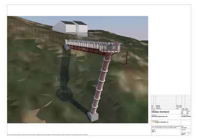 3D-visualisering av et utsiktstårn (Utsikten Glomfjord) med tilhørende bygninger på en skråning.