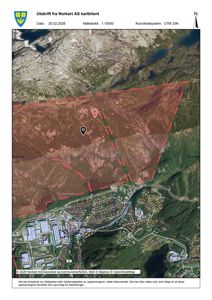 Kartutsnitt (satellittbilde) med overlagte arealer og punktmærkninger, utskrift fra Norkart AS kartklient.