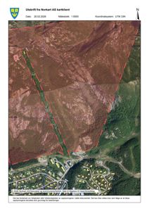 Satellittbilde (kart) som viser et område med en markert tomt (rød strekket linje) og nabolag.