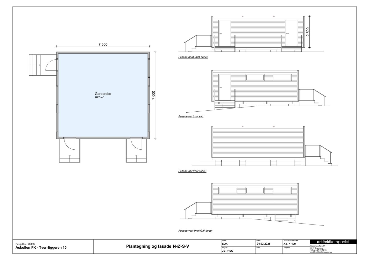 Plantegning av en garderobe med angitte mål (7500x7000 mm) og en fasadeopprikk (N-Ø-S-V) som viser inngangsdører og trapper.