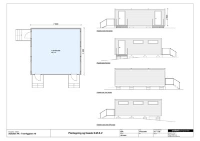 Plantegning av en garderobe med angitte mål (7500x7000 mm) og en fasadeopprikk (N-Ø-S-V) som viser inngangsdører og trapper.