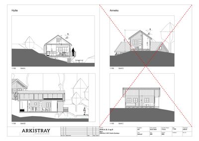 En tegning som viser snitt (Snitt A, B, C og D) gjennom en hytte og et annex, inkludert mål og detaljer om konstruksjonen.