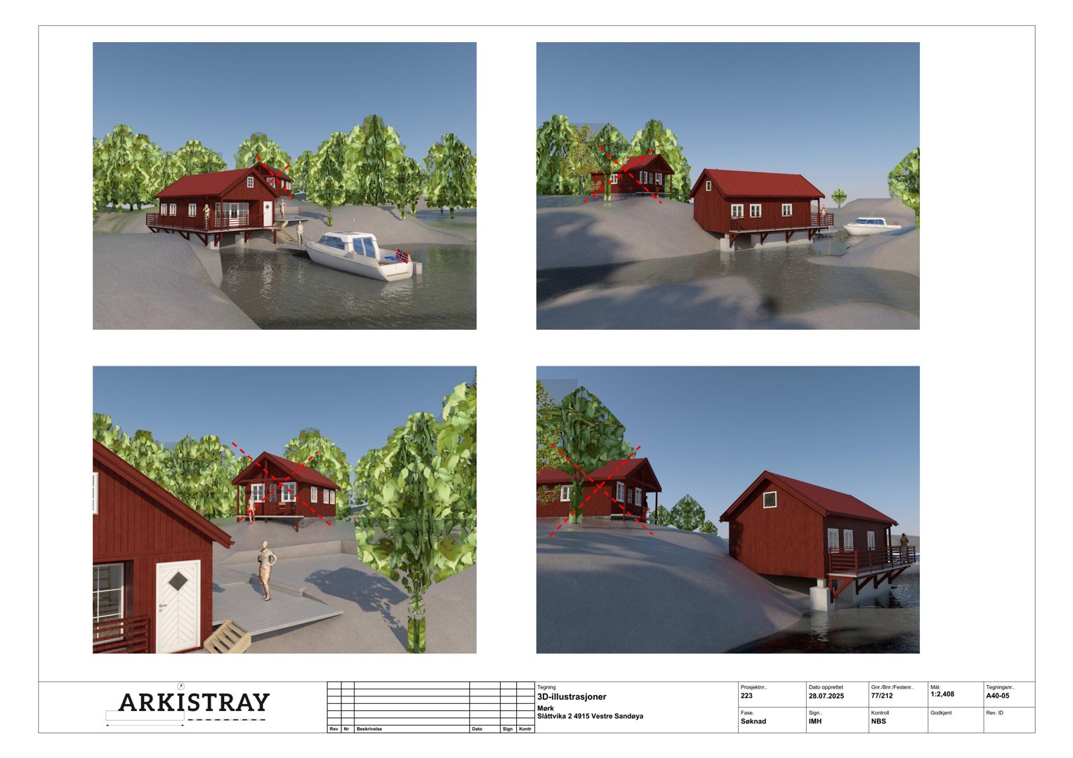 Bildet viser fire 3D-visualiseringer (renderinger) av en rød hytte på stolper ved vannet, sett fra ulike vinkler.
